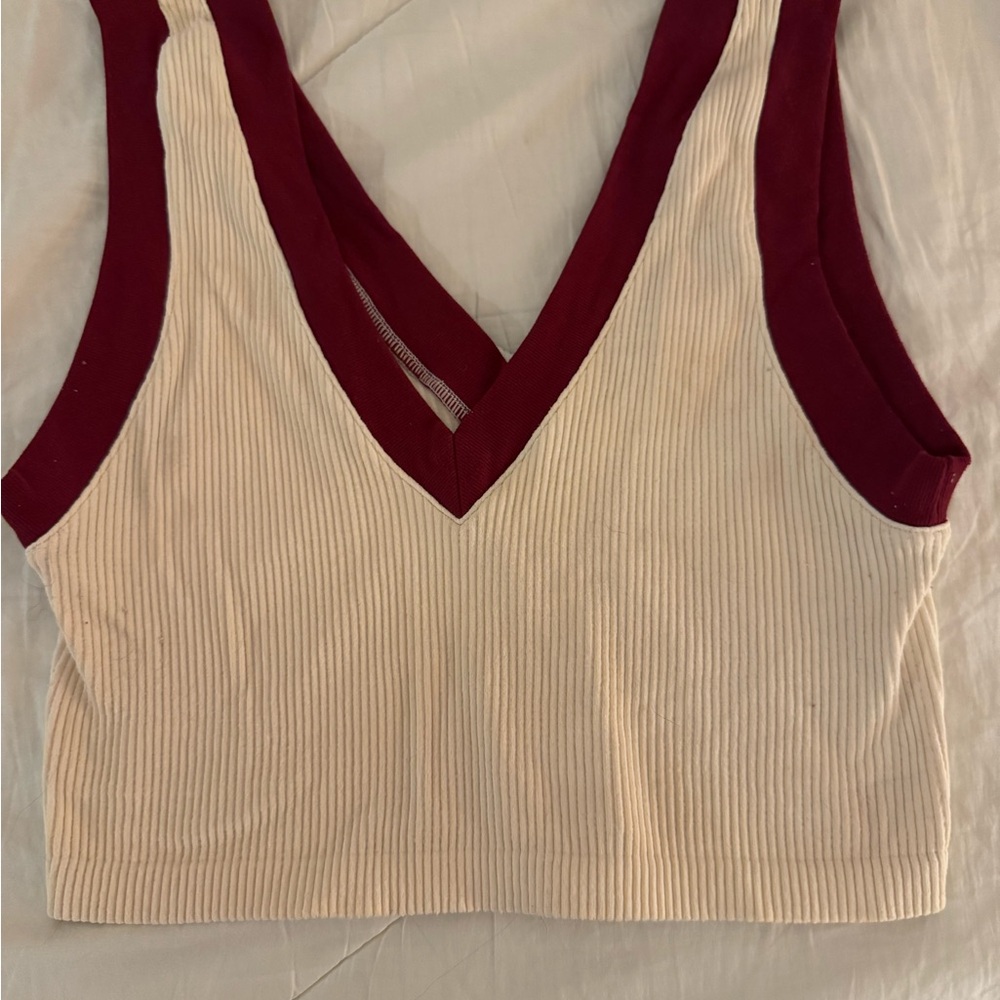 Zara Cream and Burgundy Ribbed Crop Top